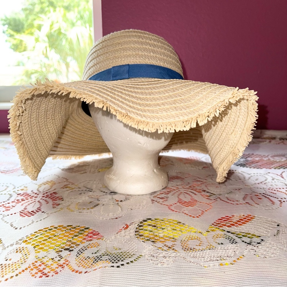 Serra vacation vibes tan straw hat fringe trim & blue ribbon, one size fits most